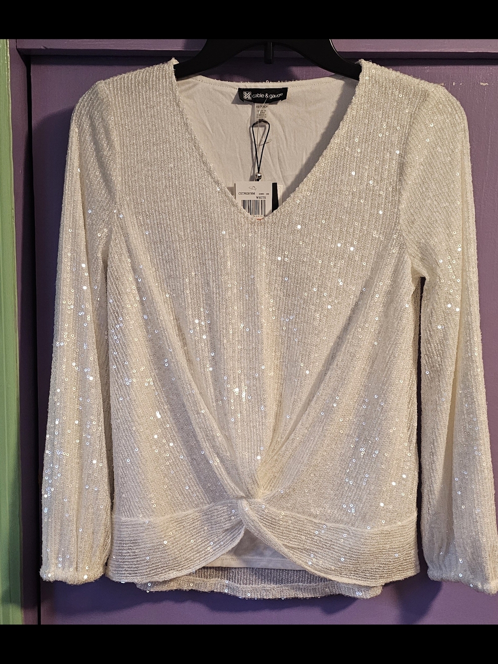 Cable & Gauge White Sequin Twist-Front Long Sleeve Top